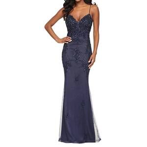 NEW FAVIANA beaded lace long v neck dress with open back in navy